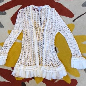 Adorable, feminine open weave crocheted button down top with lacy cuffs